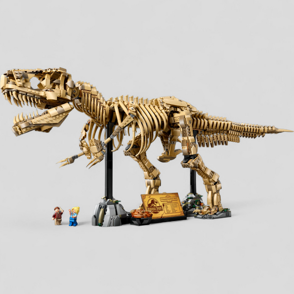 Large dinosaur skeleton model with smaller figures on a light gray background
