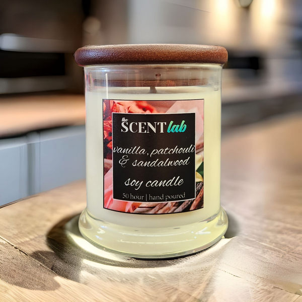 Vanilla, Patchouli and Sandalwood - Clear Candle - 50 Hour